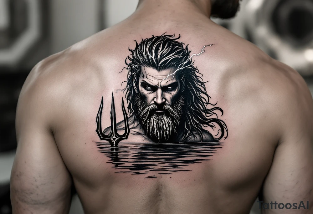 neptune with trident half way in calm water with lightning tattoo idea