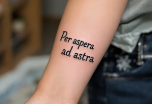 In bold blackletter font, the Latin quote "Per aspera ad astra"  blazes across a sunbeam backdrop of golden-yellow and fiery orange. tattoo idea