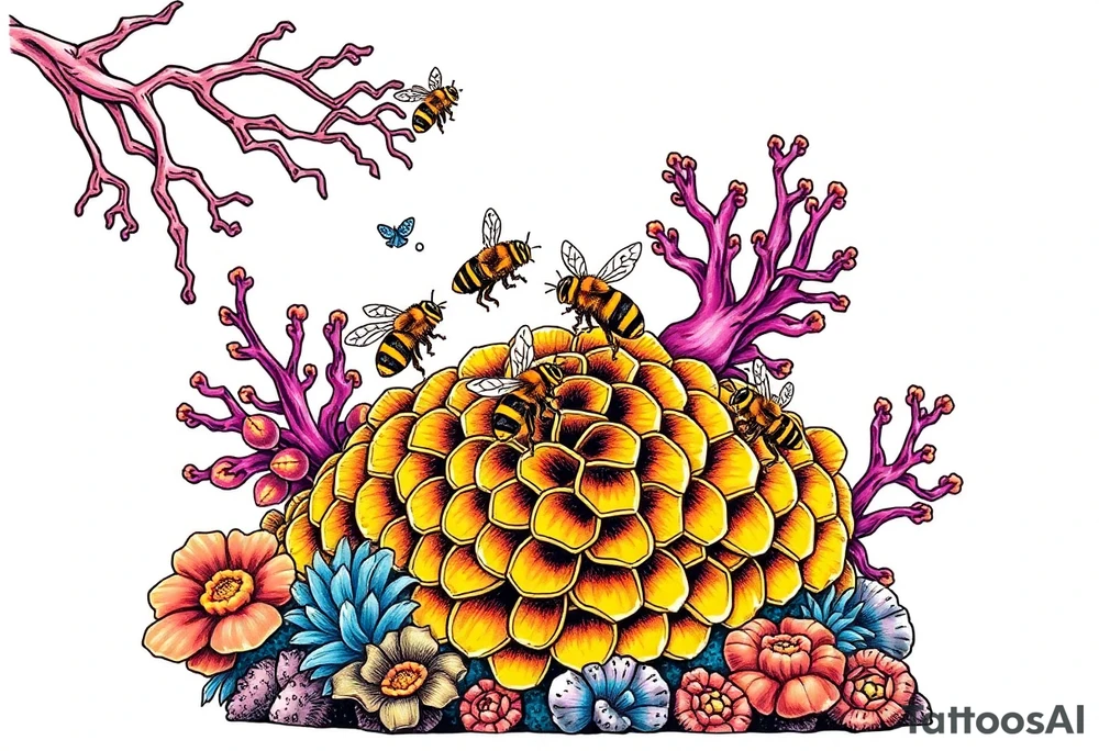 Coral reef scene with honey bees swimming on honey comb tattoo idea