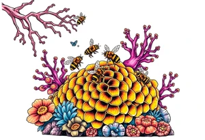 Coral reef scene with honey bees swimming on honey comb tattoo idea
