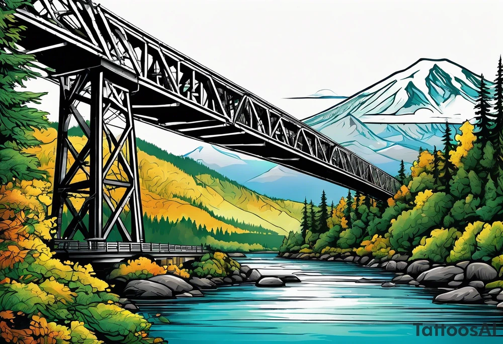steel truss cantilever bridge over river, mountains, sky, trees, pacific northwest tattoo idea