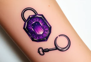 A deep purple crystal lock with glowing runes, and a crescent moon-shaped key radiating a mystical aura and lying beside it. tattoo idea