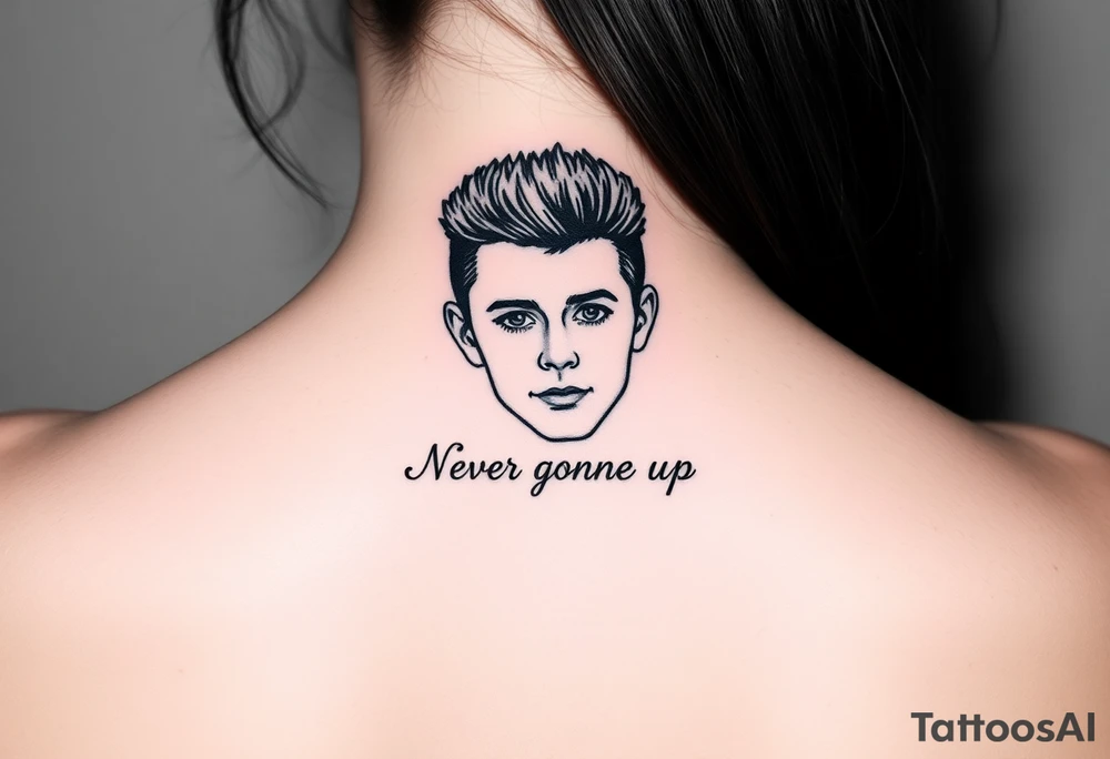 Young Rick Astley Face with Never Gonna Give You Up text tattoo idea