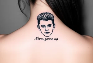 Young Rick Astley Face with Never Gonna Give You Up text tattoo idea