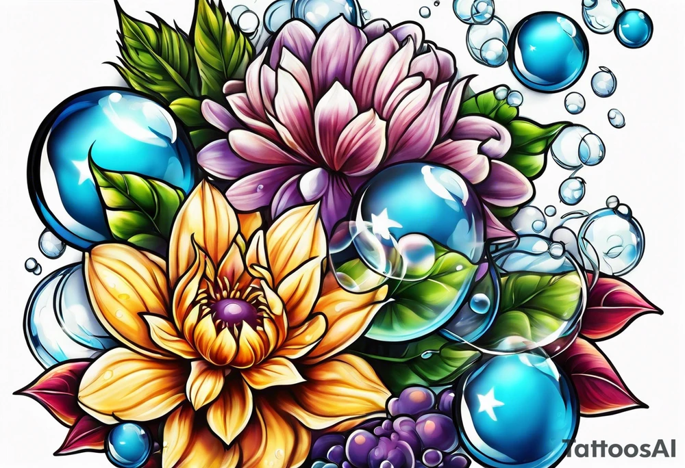 Bubbles organic plants and flowers tattoo idea