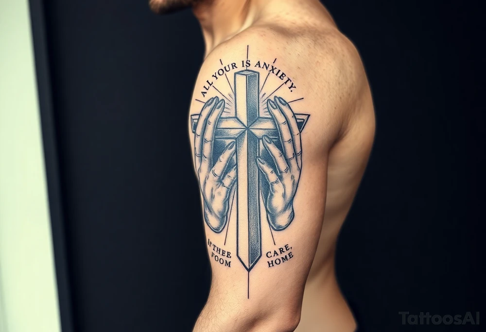cast all your anxiety on him because he cares for you" with a cross and hands tattoo idea