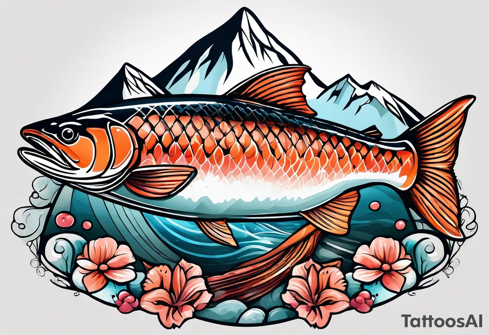 salmon fish designed with mountains and rivers within the body of the salmon tattoo idea