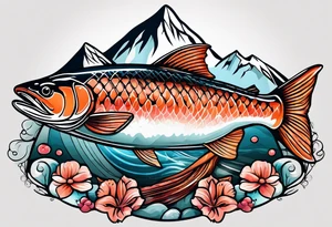 salmon fish designed with mountains and rivers within the body of the salmon tattoo idea