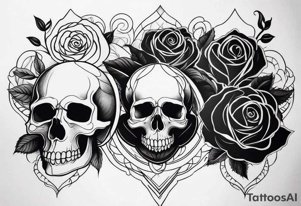 black upper arm sleeve skull rose tattoo idea