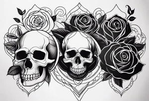 black upper arm sleeve skull rose tattoo idea