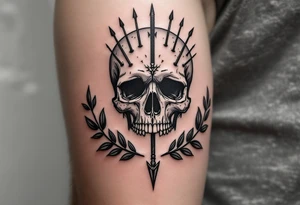 a skull whose head  stand out by needles and under the head come down an  arrow and surrounded  by two olive tree leaf around tattoo idea