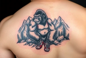 gorilla wearing amateur wrestling shoes and an singlet for a match as a person would. The surrounding area is mountainous jungle tattoo idea