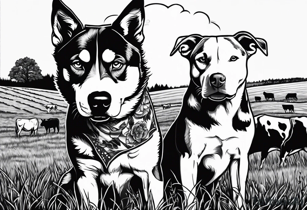 husky and pitbull looking at cows in cow pasture tattoo idea