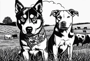 husky and pitbull looking at cows in cow pasture tattoo idea