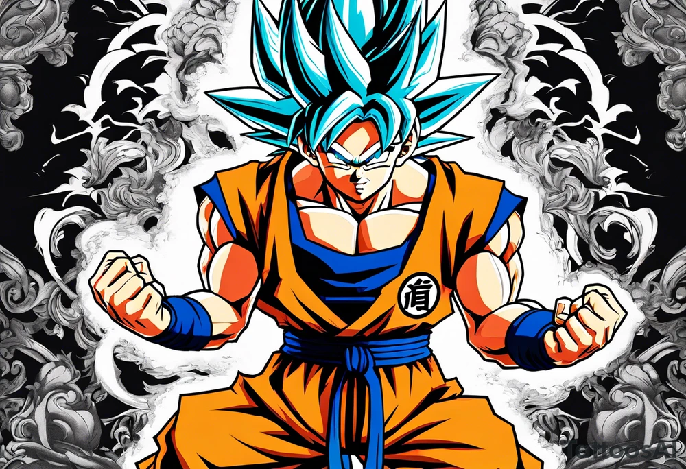 paint son goku as a super saiyajin 2, doing a kamehameha. sourround him by his friends and his family. all of them are displayed as a papercut tattoo idea