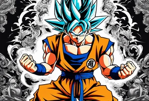 paint son goku as a super saiyajin 2, doing a kamehameha. sourround him by his friends and his family. all of them are displayed as a papercut tattoo idea