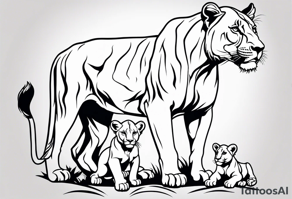 Lioness on her hind legs
 protecting her two cubs tattoo idea