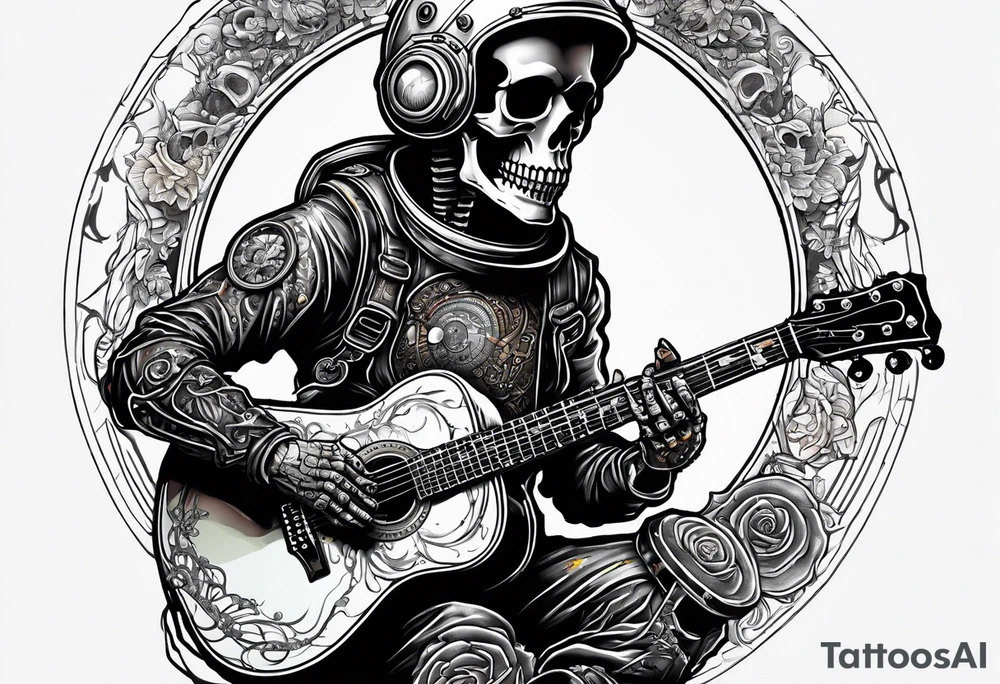 Skeleton astronaut playing acoustic guitar tattoo idea