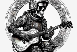 Skeleton astronaut playing acoustic guitar tattoo idea