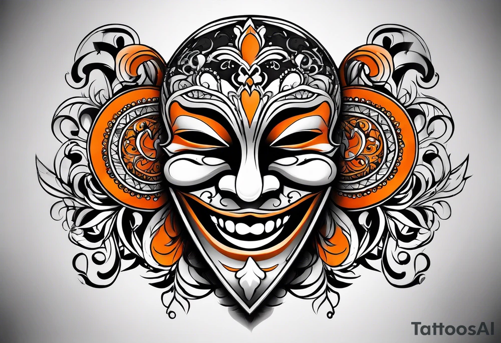 Laughing mask that is orange and black tattoo idea
