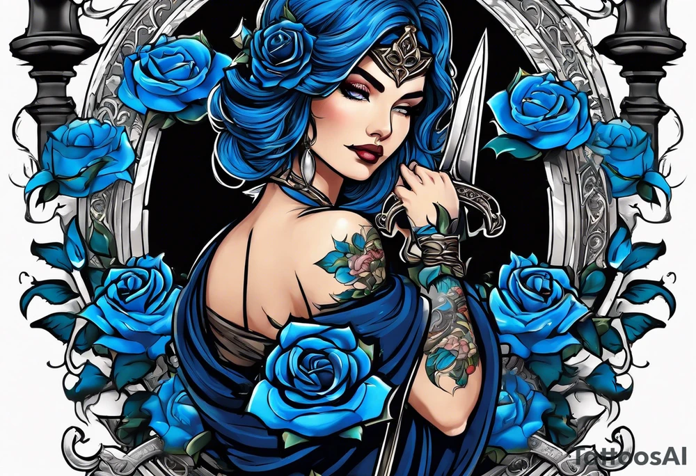 Justicia Goddess Tattoo  frame blue roses, With scales and a sword, blindfolded. tattoo idea