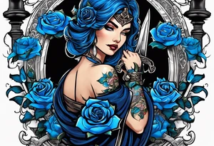 Justicia Goddess Tattoo  frame blue roses, With scales and a sword, blindfolded. tattoo idea