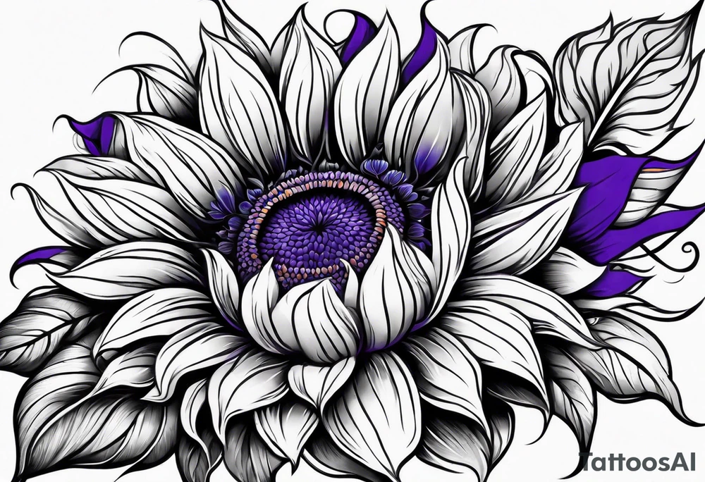 Full arm sleeve with purple, orange and blue sunflowers tattoo idea