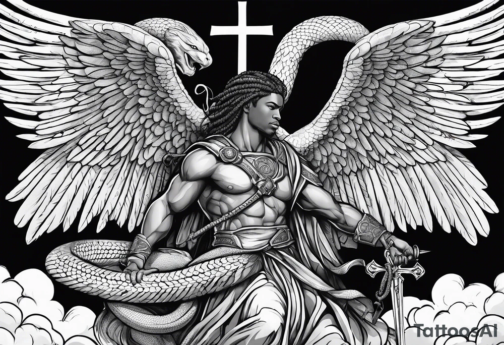 archangel Michael, sword, snake, bible verse, cross, clouds , african american tattoo idea