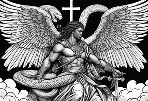 archangel Michael, sword, snake, bible verse, cross, clouds , african american tattoo idea