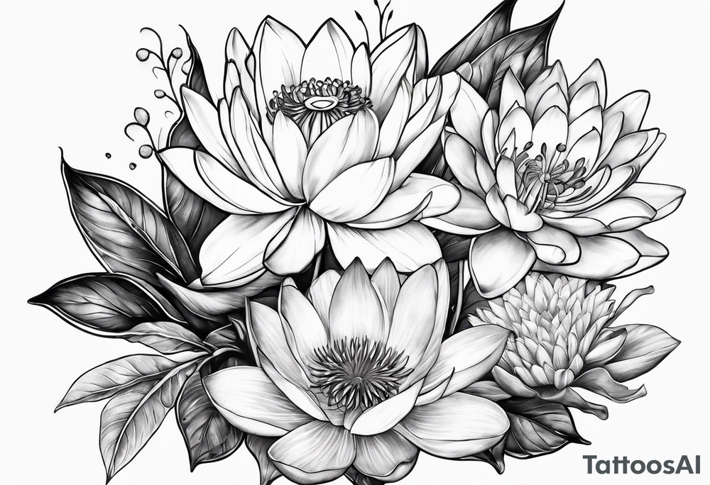 Larkspur and water lily bouquet tattoo idea