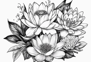 Larkspur and water lily bouquet tattoo idea