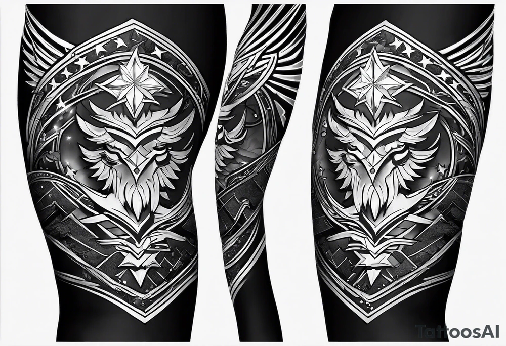 complete upper arm sleeve. Feature three mountain side by side, with 3 stars above them crossed sword patterns that evoke the Valkyrie spirit. Keep the design in clean, simple lines. tattoo idea