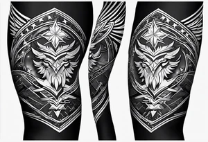 complete upper arm sleeve. Feature three mountain side by side, with 3 stars above them crossed sword patterns that evoke the Valkyrie spirit. Keep the design in clean, simple lines. tattoo idea