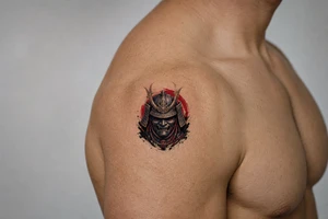 A samurai warrior wear a mask, Pop black & grey style tattoo idea