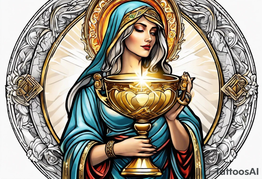 woman saint holding chalice surrounded by golden halo tattoo idea