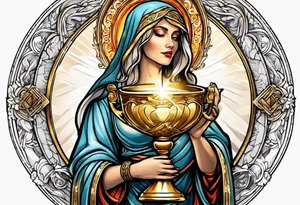 woman saint holding chalice surrounded by golden halo tattoo idea