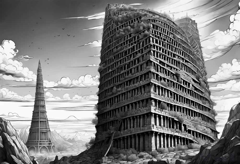 a surrealistic representation of the babel tower in the big bang tattoo idea