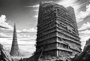 a surrealistic representation of the babel tower in the big bang tattoo idea