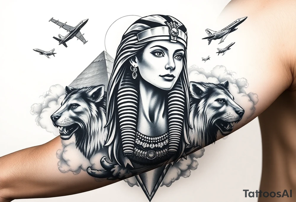 A Egyptians woman with surrounded by Wolves & Lions behind a Pyramids & mountain with the sun overhead & jets flying in the air & smoke surrounding everything tattoo idea