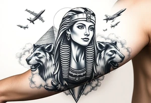 A Egyptians woman with surrounded by Wolves & Lions behind a Pyramids & mountain with the sun overhead & jets flying in the air & smoke surrounding everything tattoo idea