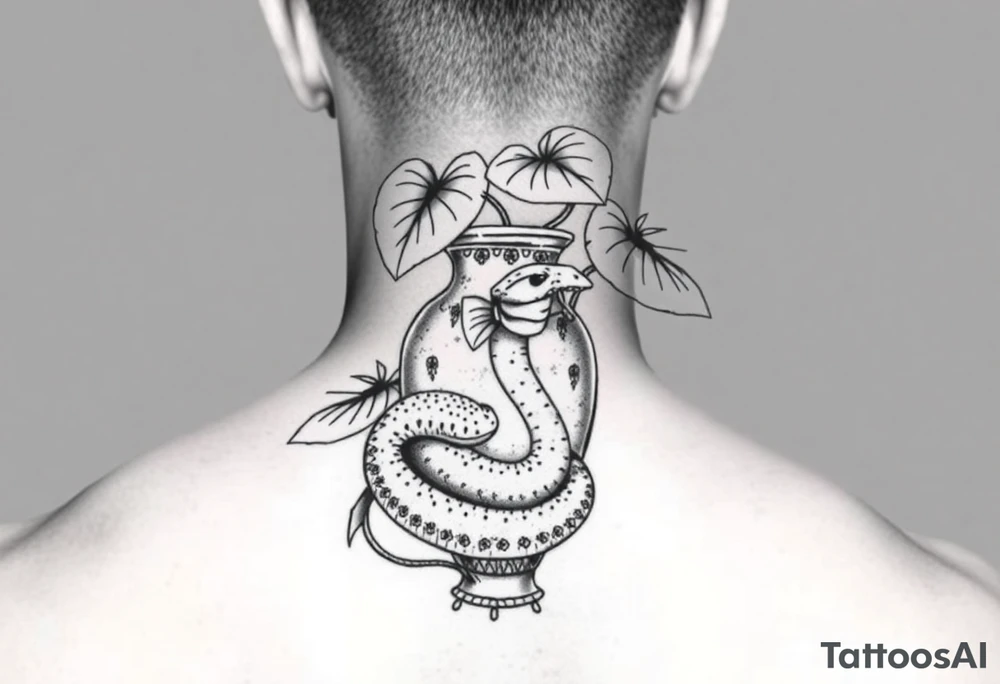Large Decorative ornamental
 vase with large philodendron leaves with a snake wrapped around showing the head of the snake tattoo idea