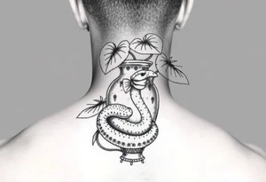 Large Decorative ornamental
 vase with large philodendron leaves with a snake wrapped around showing the head of the snake tattoo idea