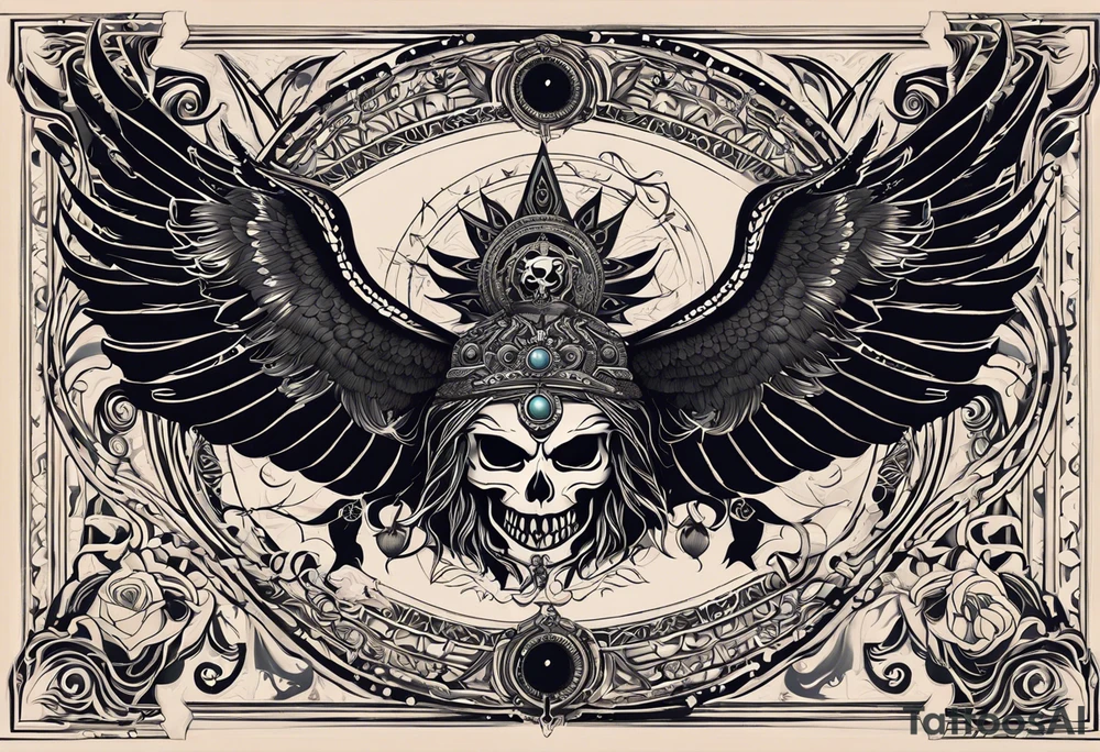black kali, goddess pirate, alien, angel, pachamama, valkrye, warrior, flying, skull, lotus azul, wing, eagle, zenza resonance, stars, 5D, anahata chakra, death, durga, riding on a tiger, flying lady tattoo idea