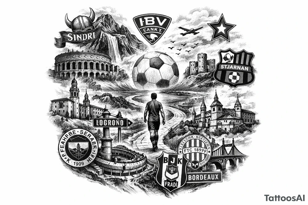 Iceland x3 (sindri, ibv, stjarnan) Italy x2 (Verona, Sassuolo) Spain (Logrono) Turkey x2 (Fenerbahce, Besiktas) Hungary (Fradi) France (Bordeaux) Something to do with football journey, surreal style to fit on arm tattoo idea