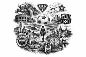 Iceland x3 (sindri, ibv, stjarnan) Italy x2 (Verona, Sassuolo) Spain (Logrono) Turkey x2 (Fenerbahce, Besiktas) Hungary (Fradi) France (Bordeaux) Something to do with football journey,  surreal style to fit on arm tattoo idea