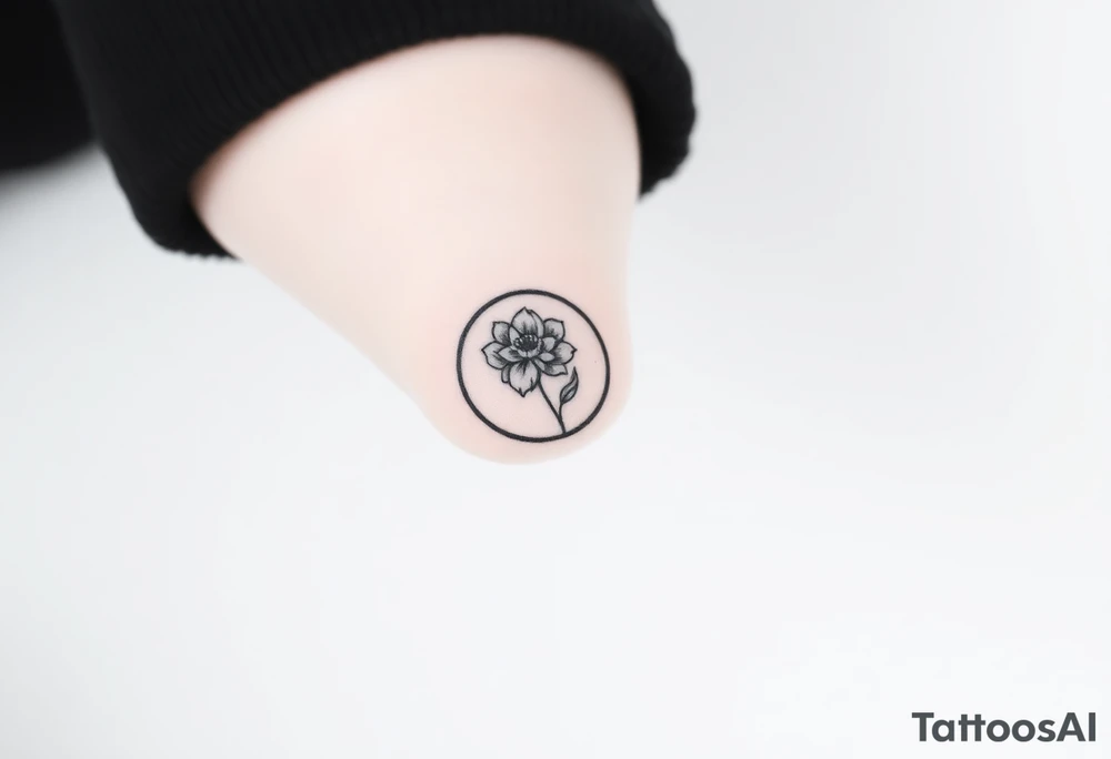 Small black ink tattoo with full moon, small chrysanthemum and tiny scorpio gliph inside moon tattoo idea