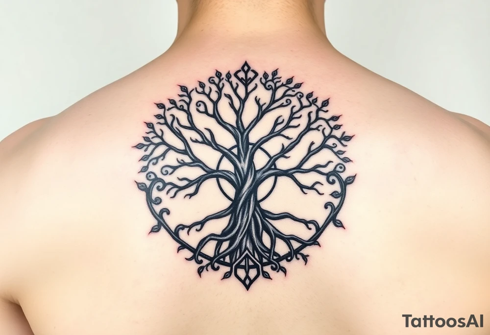 yggadrisl tree of life with circle. Jai , Phoebe, Imogen, Matilda in the circle tattoo idea