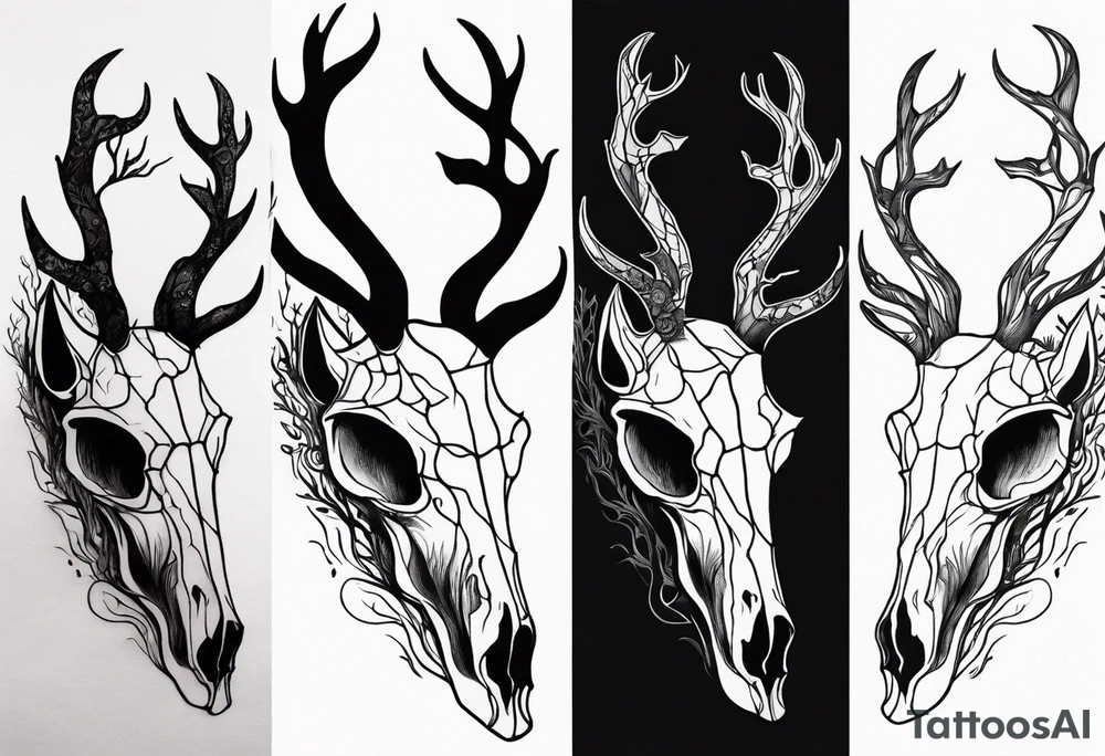scary side view of a DECAYING deer skull JUST BONE surrounded by a forest fire in background tattoo idea