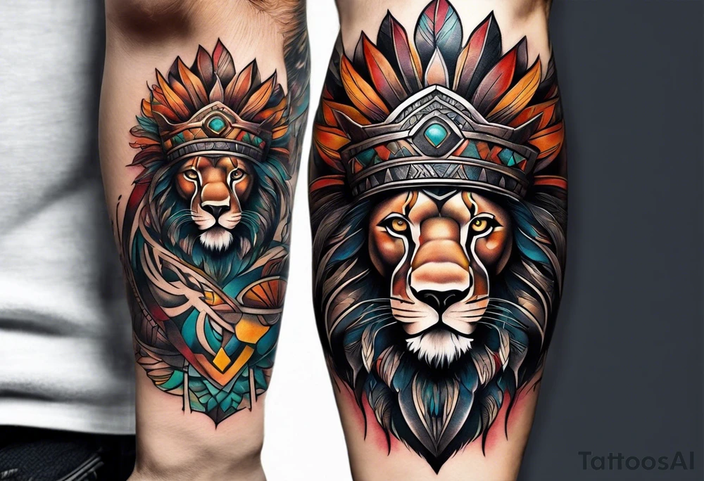 Forearm tattoo of a African warrior with a lion tattoo idea