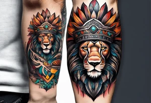 Forearm tattoo of a African warrior with a lion tattoo idea